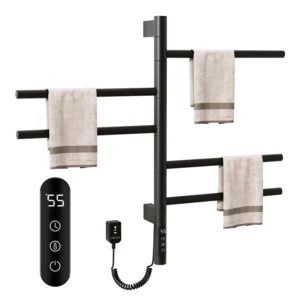 EPOWP 5 Bar Wall Mounted Plug-in/Hardwired Towel Warmer Rotating Heated Rack in Black with Intelligent Touch Screen Timer