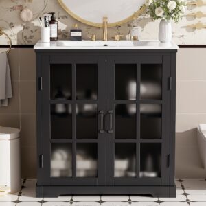 EPOWP 30 in. Single Sink Freestanding Black Bath Vanity with White Ceramic Top and 2 Glass Door and Adjustable Shelf Assembled