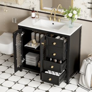 EPOWP 36.02 in. W x 18.23 in. D x 33.86 in. H Single Sink Freestanding Bath Vanity in Black with White Ceramic Top and Storage