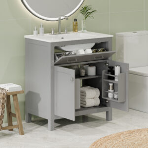EPOWP 30 in. Single Sink Freestanding Gray Bath Vanity with White Ceramic Top and one Drawer Storage Door Cabinet Unassembled