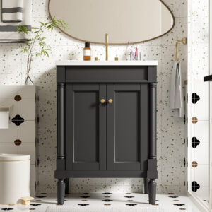 EPOWP 24 in. W x 18.1 in. D x 33.7 in. H Single Sink Freestanding Bath Vanity in Black with White Ceramic Top and Cabinet