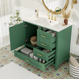 EPOWP 36 in. Single Sink Freestanding Green Bath Vanity with White Ceramic Top and 3 Drawers Storage Door Cabinet Unassembled
