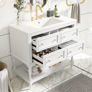 EPOWP 36 in. Single Sink Freestanding White Bath Vanity with White Ceramic Top, 4 Drawers and Open Storage Shelf Unassembled