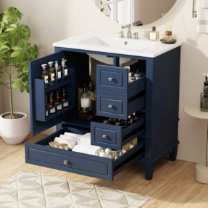 EPOWP 30 in. Single Sink Freestanding Blue Bath Vanity with White Ceramic Top and 3 Drawer Storage Cabinet Unassembled