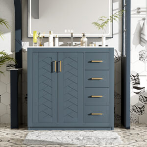 EPOWP 36 in. W x 18.3 in. D x 33.7 in. H Single Sink Freestanding Bath Vanity in Blue with White Ceramic Top and Cabinet