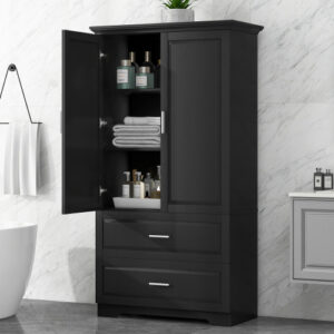 EPOWP 32 in. W x 15 in. D x 63.2 in. H Freestanding Tall Storage Linen Cabinet with Adjustable Shelves and Drawer in Black