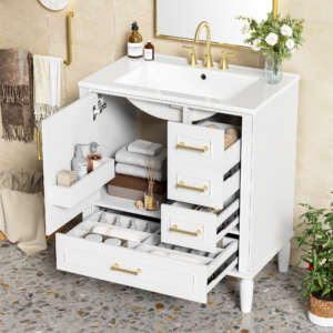 EPOWP 30 in. Single Sink Freestanding White Bath Vanity with White Ceramic Top and 3 Drawer Storage Cabinet Unassembled