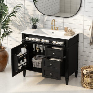 EPOWP 36 in. W x 18 in. D x 34 in. H Single Sink Freestanding Bath Vanity in Black with White Resin Top and Cabinet