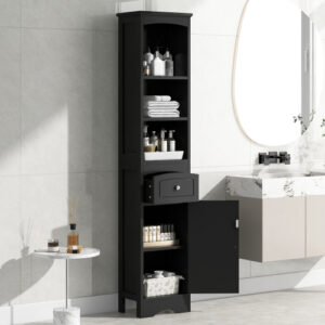 EPOWP 13.4 in. W x 9.1 in. D x 66.9 in. H Freestanding Tall Storage Linen Cabinet with Adjustable Shelves and Drawer in Black