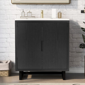 EPOWP 29.5 in. W x 18.1 in. D x 35.1 in. H Single Sink Freestanding Bath Vanity in Black with White Ceramic Top and Storage