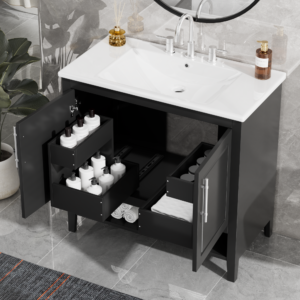 EPOWP 36 in. W x 18.3 in. D x 33.3 in. H Freestanding Bath Storage Vanity in Black with White Ceramic Top Single Basin Sink