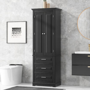 EPOWP 24 in. W x 15.7 in. D x 70 in. H Freestanding Tall Storage Linen Cabinet with Adjustable Shelves and Drawers in Black