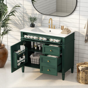 EPOWP 36 in. W x 18 in. D x 34 in. H Single Sink Freestanding Bath Vanity in Green with White Resin Top and Cabinet