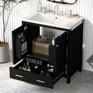 EPOWP 30 in. W x 18 in. D x 34 in. H Freestanding Bath Vanity in Black with White Ceramic Top Single Basin Sink