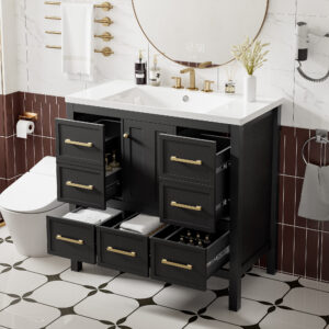 EPOWP 36 in. Single Sink Freestanding Black Bath Vanity with White Resin Top and 5 Drawers Storage Door Cabinet Unassembled