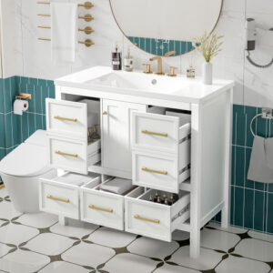 EPOWP 36 in. Single Sink Freestanding White Bath Vanity with White Resin Top and 5 Drawers Storage Door Cabinet Unassembled