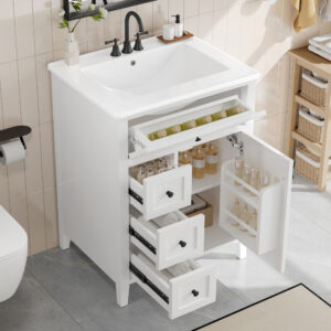 EPOWP 24 in. Single Sink Freestanding White Bath Vanity with White Ceramic Top and 4 Drawer Storage Cabinet Unassembled