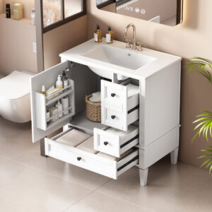EPOWP 30 in. Single Sink Freestanding White Bath Vanity with White Ceramic Top and 3 Drawers Storage Door Cabinet Unassembled