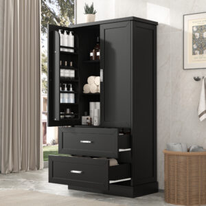 EPOWP 31.3 in. W x 16 in. D x 64 in. H Black MDF Freestanding Linen Cabinet with Adjustable Shelves and Drawers in Black