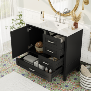 EPOWP 36 in. Single Sink Freestanding Black Bath Vanity with White Ceramic Top and 3 Drawers Storage Door Cabinet Unassembled