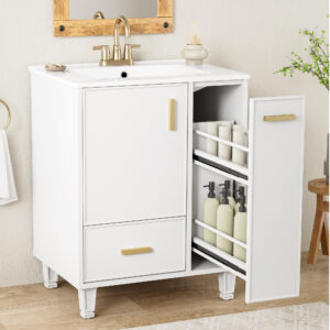 EPOWP 24 in. Single Sink Freestanding White Bath Vanity with White Ceramic Top and Pull-Out Drawer Storage Cabinet Unassembled