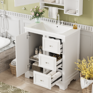 EPOWP 26.96 in. W x 18.46 in. D x 33.7 in. H Single Sink Freestanding Bath Vanity in White with White Ceramic Top and Storage