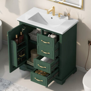 EPOWP 30 in. W x 18.3 in. D x 34 in. H Single Sink Freestanding Bath Vanity in Green with White Ceramic Top and Storage