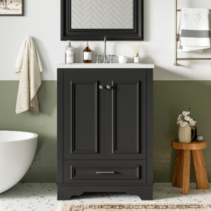 EPOWP 24 in. Single Sink Freestanding Black Bath Vanity with White Ceramic Top and One Drawer Storage Door Cabinet Unassembled
