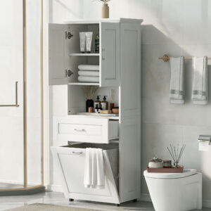 EPOWP 24.72 in. W x 16.29 in. D x 69.92 in. H Freestanding Linen Cabinet with Adjustable Shelves and Laundry Hamper in White