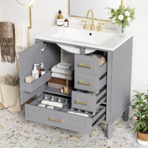 EPOWP 30 in. Single Sink Freestanding Gray Bath Vanity with White Ceramic Top and 3 Drawer Storage Cabinet Unassembled