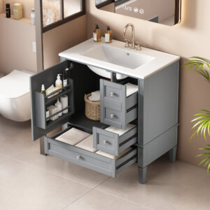 EPOWP 30 in. Single Sink Freestanding Grey Bath Vanity with White Ceramic Top and 3 Drawers Storage Door Cabinet Unassembled