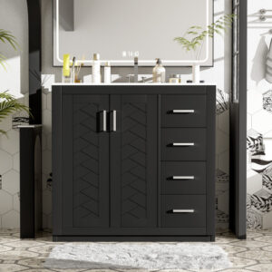 EPOWP 36 in. W x 18.3 in. D x 33.7 in. H Single Sink Freestanding Bath Vanity in Black with White Ceramic Top and Cabinet