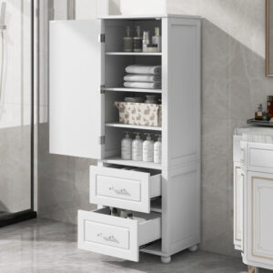 EPOWP 23 in. W x 15.9 in. D x 61.4 in. H White Tall Linen Cabinet with 2 Drawers and Adjustable Shelf