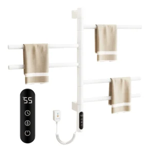 EPOWP 5 Bar Wall Mounted Plug-in/Hardwired Towel Warmer Rotating Heated Rack in White with Intelligent Touch Screen Timer