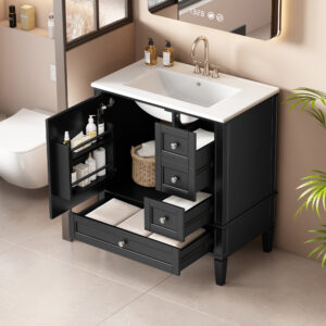 EPOWP 36 in. W x 18.3 in. D x 33.7 in. H Single Sink Freestanding Bath Vanity in Black with White Ceramic Top and Cabinet