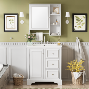 EPOWP 28.85 in. W x 28 in. H Rectangular MDF Medicine Cabinet with Mirror, Open Shelf  and Towel Rack in White