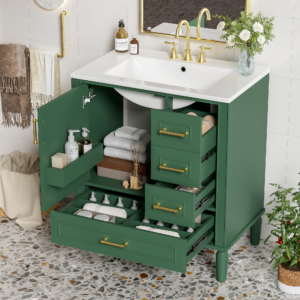 EPOWP 30 in. W x 18.3 in. D x 34 in. H Single Sink Freestanding Bath Vanity in Green with White Ceramic Top and Cabinet