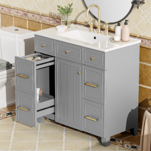 EPOWP 36 in. W x 18 in. D x 34 in. H Freestanding Bath Vanity in Gray with White Ceramic Top Single Basin Sink