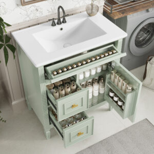 EPOWP 30 in. Single Sink Freestanding Green Bath Vanity with White Ceramic Top and Adjustable Shelf Vanity Cabinet Unassembled