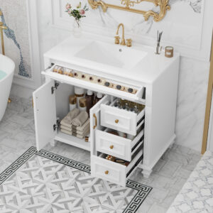 EPOWP 36 in. Single Sink Freestanding Black Bath Vanity with White Ceramic Top and 4 Drawers Storage Door Cabinet Unassembled