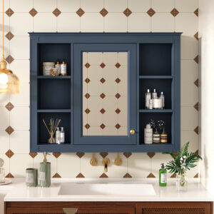 EPOWP 35.03 in. W x 27.5 in. H Rectangular MDF Medicine Cabinet with Mirror and Open Shelf in Blue