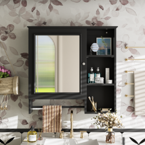 EPOWP 28.85 in. W x 28 in. H Rectangular MDF Medicine Cabinet with Mirror, Open Shelf  and Towel Rack in Black