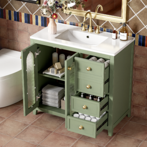EPOWP 36.02 in. W x 18.23 in. D x 33.86 in. H Single Sink Freestanding Bath Vanity in Green with White Ceramic Top and Storage