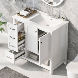 EPOWP 36 in. W x 18 in. D x 34 in. H Single Sink Freestanding Bath Vanity in White with White Ceramic Top and Storage