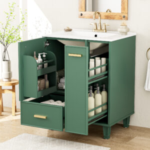 EPOWP 24 in. Single Sink Freestanding Green Bath Vanity with White Ceramic Top and Pull-Out Drawer Storage Cabinet Unassembled