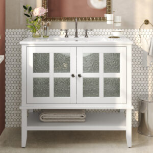 EPOWP 36 in. Single Sink Freestanding White Bath Vanity with White Ceramic Top and 2 Glass Door and Open Shelf Assembled