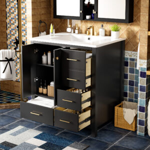 EPOWP 30 in. W x 18.3 in. D x 33.8 in. H Single Sink Freestanding Bath Vanity in Black with White Resin Top and Storage