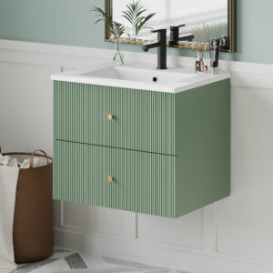 EPOWP 24 in. W x 18.1 in. D x 20.3 in. H Single Sink Wall Mounted Bath Vanity in Green with White Ceramic Top and 2 Drawers