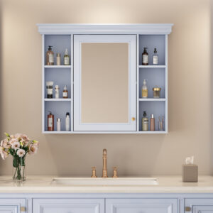 EPOWP 35.5 in. W x 28.74 in. H Rectangular MDF Medicine Cabinet with Mirror and Open Shelf in Purple