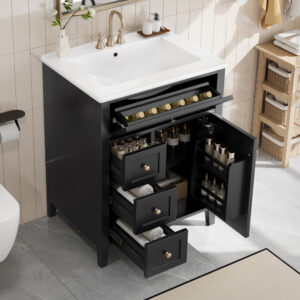EPOWP 24 in. Single Sink Freestanding Black Bath Vanity with White Ceramic Top and 4 Drawer Storage Cabinet Unassembled